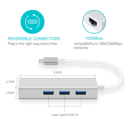 Adapter Type C na 3 USB 3.0 + RJ45 Gb JWD-T5 srebrni - Image 4