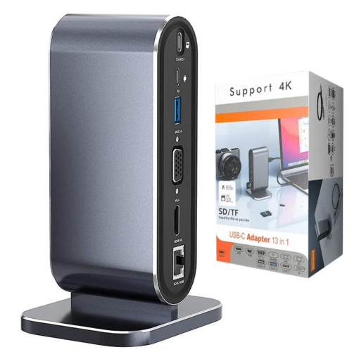 Adapter Type C na LAN Gb, SD card, TF, PD, Type C, 4xUSB 3.0, Audio, HDMI i VGA 12 u 1 sa postoljem - Image 2