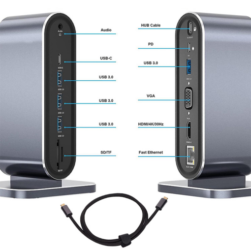 Adapter Type C na LAN Gb, SD card, TF, PD, Type C, 4xUSB 3.0, Audio, HDMI i VGA 12 u 1 sa postoljem - Image 3