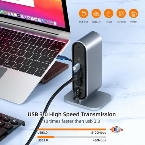 Adapter Type C na LAN Gb, SD card, TF, PD, Type C, 4xUSB 3.0, Audio, HDMI i VGA 12 u 1 sa postoljem - Image 5