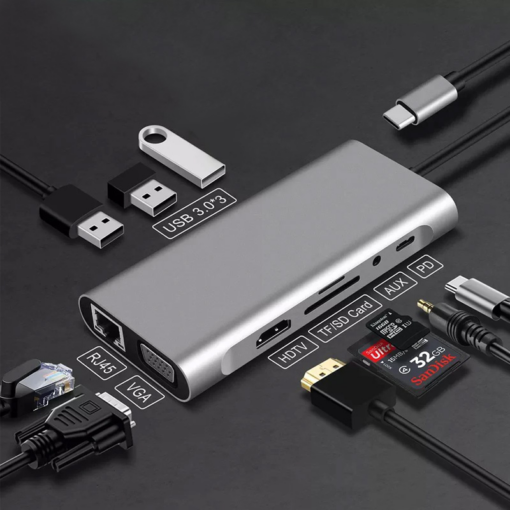 Adapter Type C na LAN Gb, SD card, TF, Type C, 3xUSB 3.0, Audio, HDMI i VGA 10 u 1 20cm kabl - Image 5