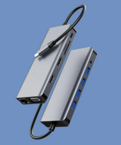 Adapter Type C na LAN Gb, SD card, TF, Type C, 3xUSB 3.0, USB 2.0, Audio, 2xHDMI i VGA 12 u 1 20cm kabl