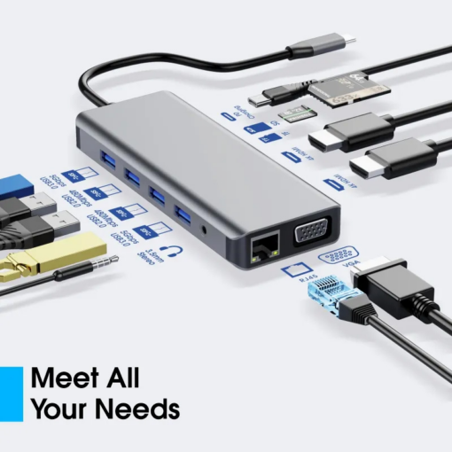 Adapter Type C na LAN Gb, SD card, TF, Type C, 3xUSB 3.0, USB 2.0, Audio, 2xHDMI i VGA 12 u 1 20cm kabl - Image 2