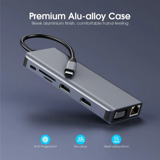 Adapter Type C na LAN Gb, SD card, TF, Type C, 3xUSB 3.0, USB 2.0, Audio, 2xHDMI i VGA 12 u 1 20cm kabl - Image 4