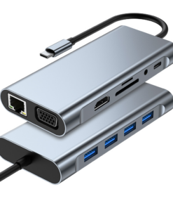 Adapter Type C na LAN Gb, SD card, TF, Type C, 4xUSB 3.0, Audio, HDMI i VGA 11 u 1 20cm kabl