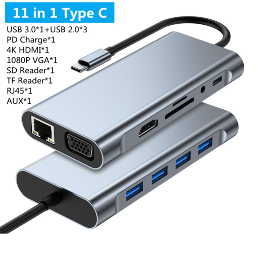 Adapter Type C na LAN Gb, SD card, TF, Type C, 4xUSB 3.0, Audio, HDMI i VGA 11 u 1 20cm kabl - Image 4