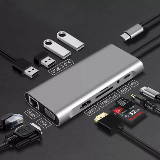 Adapter Type C na LAN Gb, SD card, TF, Type C, 4xUSB 3.0, Audio, HDMI i VGA 11 u 1 20cm kabl - Image 5