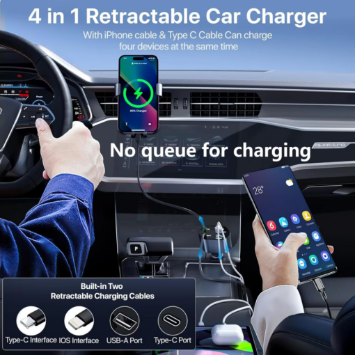 Auto punjac C1 4u1 PD 3A, USB 2.4A 120W (total) sa Type C/lightning kablom tamno sivi - Image 3