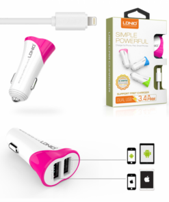 Auto punjac LDNIO C332 dual USB 3.4A sa iPhone lightning kablom pink