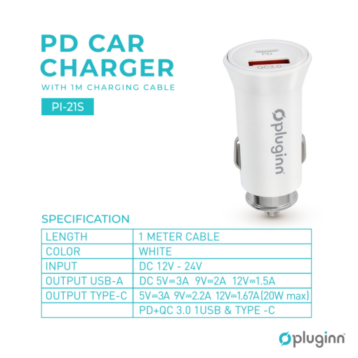 Auto punjac Pluginn PI-21S, PD 20W, QC 3.0 18W, sa Type C kablom beli - Image 2