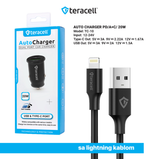 Auto punjac Teracell Evolution TC-10 PD 20W, USB QC3.0 15W sa lightning kablom crni - Image 3