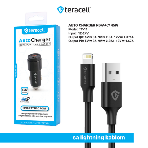 Auto punjac Teracell Evolution TC-11 PD 22.5W + USB QC3.0 20W, 45W (total) sa Lightning kablom crni - Image 3