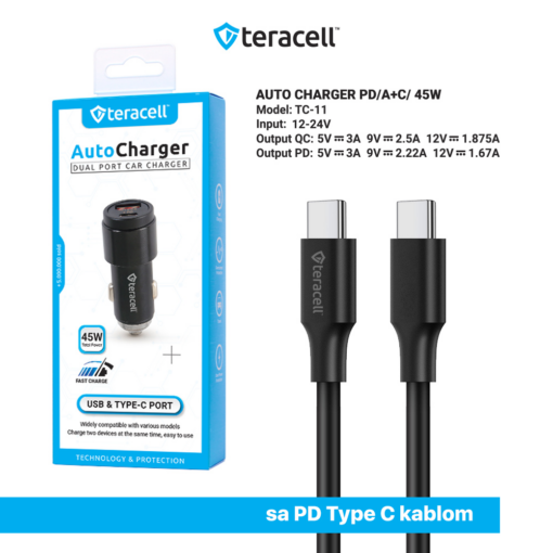 Auto punjac Teracell Evolution TC-11 PD 22.5W + USB QC3.0 20W, 45W (total) sa PD Type C kablom crni - Image 3