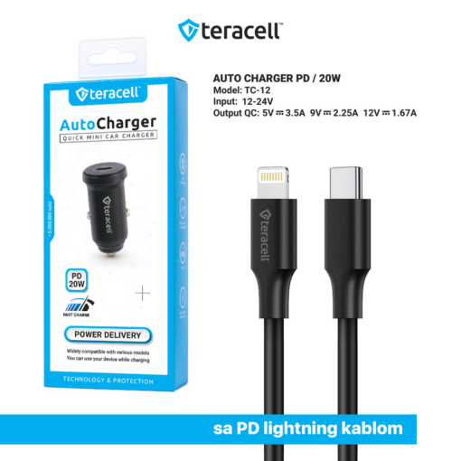Auto punjac Teracell Evolution TC-12 PD 20W crni sa PD Lightning kablom crni - Image 3