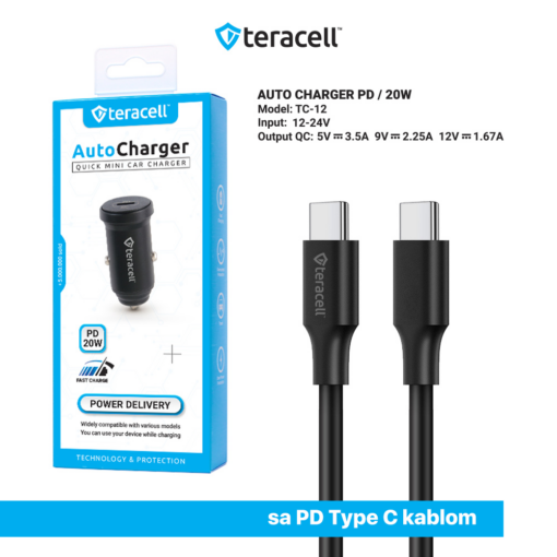 Auto punjac Teracell Evolution TC-12 PD 20W crni sa PD Type C kablom crni - Image 3