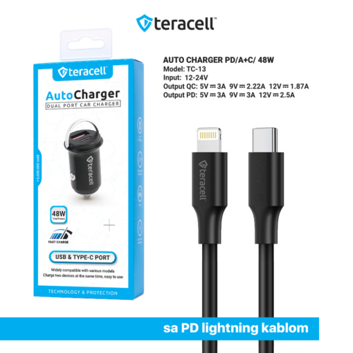 Auto punjac Teracell Evolution TC-13 PD 30W + USB QC3.0 18W, 48W (total) sa PD Lightning kablom crni - Image 3