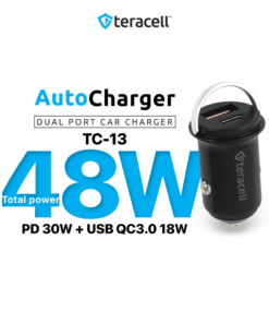 Auto punjac Teracell Evolution TC-13 PD 30W + USB QC3.0 18W, 48W (total) sa PD Type C kablom crni