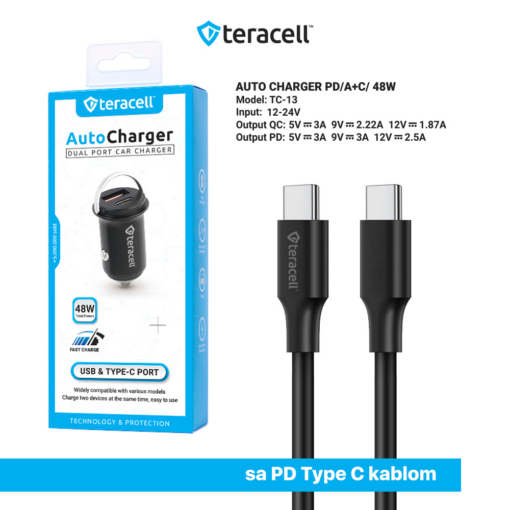 Auto punjac Teracell Evolution TC-13 PD 30W + USB QC3.0 18W, 48W (total) sa PD Type C kablom crni - Image 3