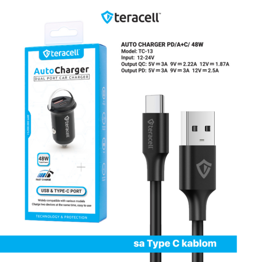 Auto punjac Teracell Evolution TC-13 PD 30W + USB QC3.0 18W, 48W (total) sa Type C kablom crni - Image 3
