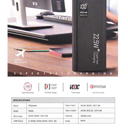 Back up baterija Oxpower PD22 20000mAh crna - Image 4