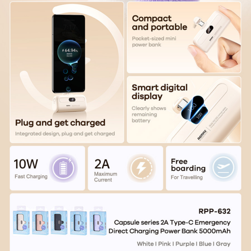 Power bank prenosiva baterija REMAX Capsule series RPP-632 2A Type C 5000mAh plava - Image 2