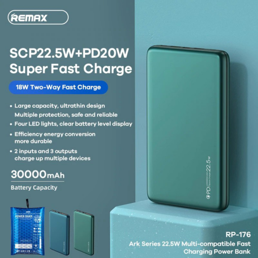 Power bank prenosiva baterija REMAX RPP-176 22.5W 30000mAh plava - Image 2