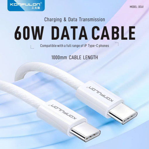 Data kabl KONFULON DC61 PD 60W Super Fast Charge za iPhone 15 Type C na Type C beli 1m - Image 2