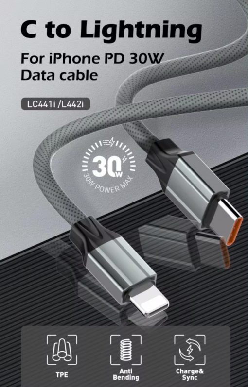 Data kabl LDNIO LC441I 30w, Type C na iPhone lightning sivi 1m - Image 2