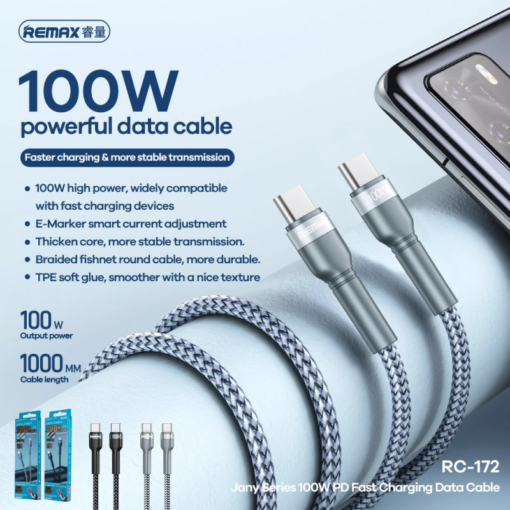 Data kabl REMAX Fast charging 100W PD RC-172 Type C na Type C srebrni 1m - Image 3