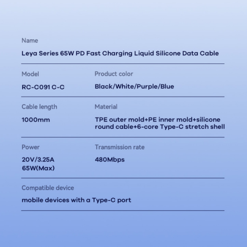 Data kabl REMAX Leya Series PD 65W Fast Charging RC-C091 Type C na Type C beli - Image 4