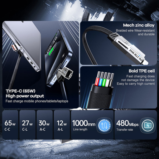 Data kabl REMAX RC-C189 PD 65W, QC 3.0 USB Lightning 27W, 2u1 crni 1m - Image 3