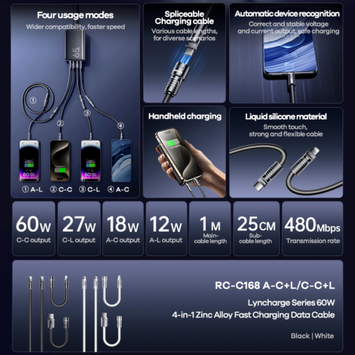 Data kabl REMAX RCC-168 Lyncharge Series 60w 4-in-1 Zinc Alloy  crni - Image 3