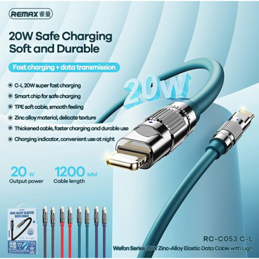 Data kabl REMAX Wefon 20W Zinc-Alloy Elastic with Light RC-C053 (type C-Lightning) siva - Image 2