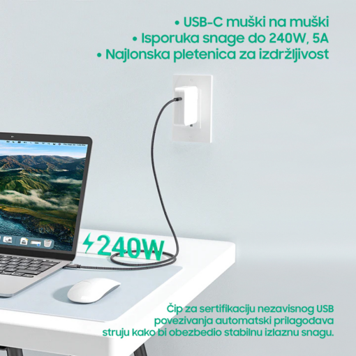 Data kabl Thunderbolt PD na Type C 40Gbps 240W 5K sivi 1m - Image 3
