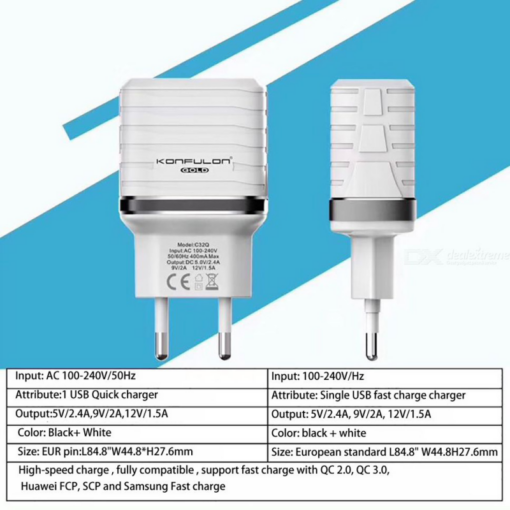Kucni punjac KONFULON C32Q QC 3.0, 18W, sa Type C kablom beli - Image 4