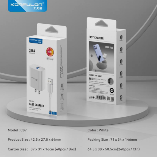 Kucni punjac KONFULON C87, 3A, 15W, sa micro USB kablom white - Image 4