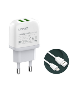 Kucni punjac LDNIO A2219 2xUSB 5V 2.4A 12W sa iPhone lightning kablom beli