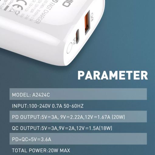Kucni punjac LDNIO A2424C, PD 20W QC3.0 18W, sa IPhone lightning kablom beli - Image 4