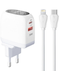 Kucni punjac LDNIO A2522C QC3.0, PD, PPS, LED Display, 30W sa Type C na iPhone lightning kablom beli