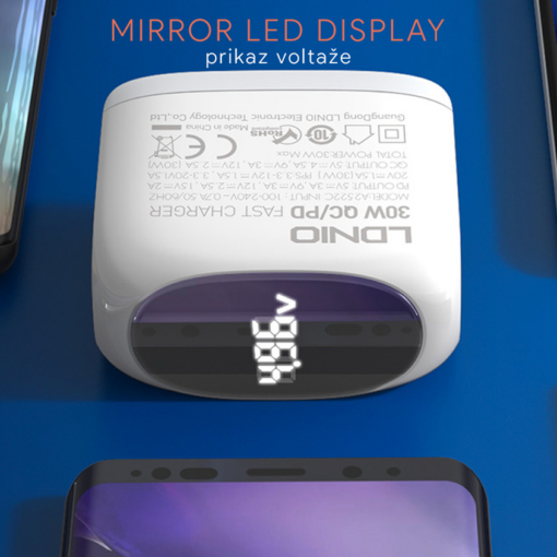 Kucni punjac LDNIO A2522C QC3.0, PD, PPS, LED Display, 30W sa Type C na iPhone lightning kablom beli - Image 2