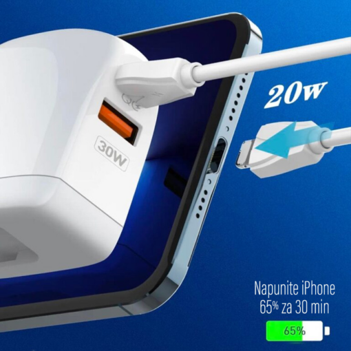 Kucni punjac LDNIO A2522C QC3.0, PD, PPS, LED Display, 30W sa Type C na iPhone lightning kablom beli - Image 5