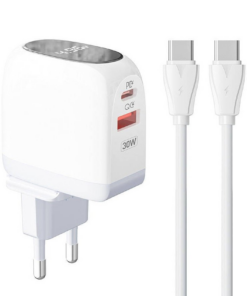 Kucni punjac LDNIO A2522C QC3.0, PD, PPS, LED Display, 30W sa Type C na Type C kablom beli