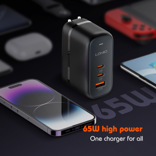 Kucni punjac sa adapterima LDNIO Q366 GaN QC3.0, 2xPD3.0 PPS 65W sa Type C na Type C kablom crni - Image 2