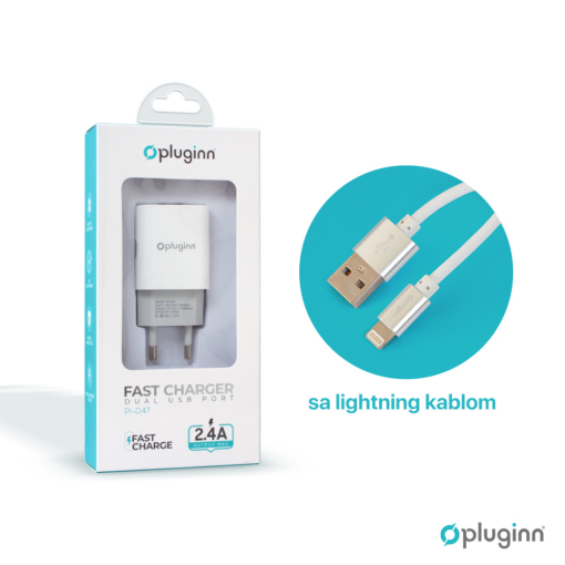 Kucni punjac Pluginn PI-D47, 5V, 2.4A, 12W 2xUSB sa lightning kablom beli CE - Image 3