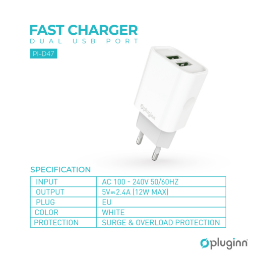 Kucni punjac Pluginn PI-D47, 5V, 2.4A, 12W 2xUSB sa micro USB kablom beli CE - Image 2
