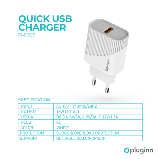 Kucni punjac Pluginn PI-D52S, QC3.0 18W sa micro USB kablom beli CE - Image 2