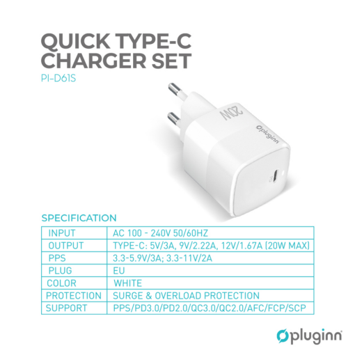 Kucni punjac Pluginn PI-D61S, PD3.0, PPS, 20W sa PD iPhone lightning kablom beli CE - Image 2