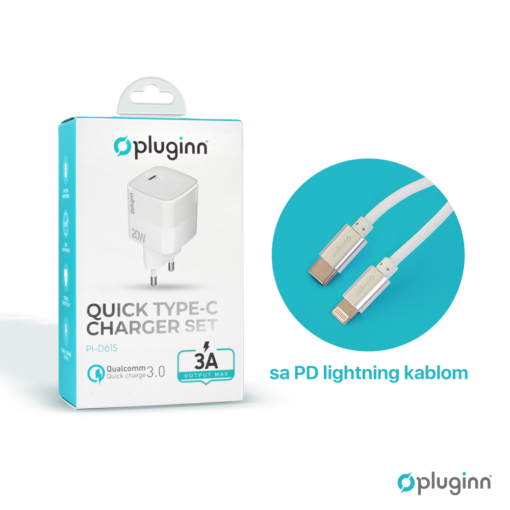 Kucni punjac Pluginn PI-D61S, PD3.0, PPS, 20W sa PD iPhone lightning kablom beli CE - Image 3