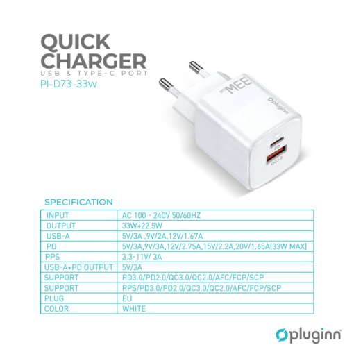 Kucni punjac Pluginn PI-D73-33w, GaN, QC3.0 PD3.0, PPS, USB-PD 20W+33W, 53W (total) sa PD iPhone lightning kablom beli CE - Image 2