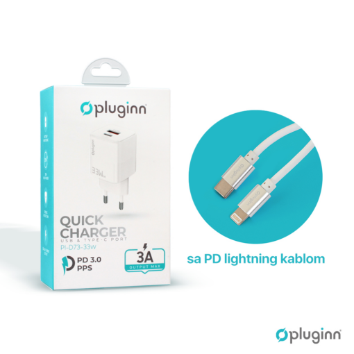 Kucni punjac Pluginn PI-D73-33w, GaN, QC3.0 PD3.0, PPS, USB-PD 20W+33W, 53W (total) sa PD iPhone lightning kablom beli CE - Image 3